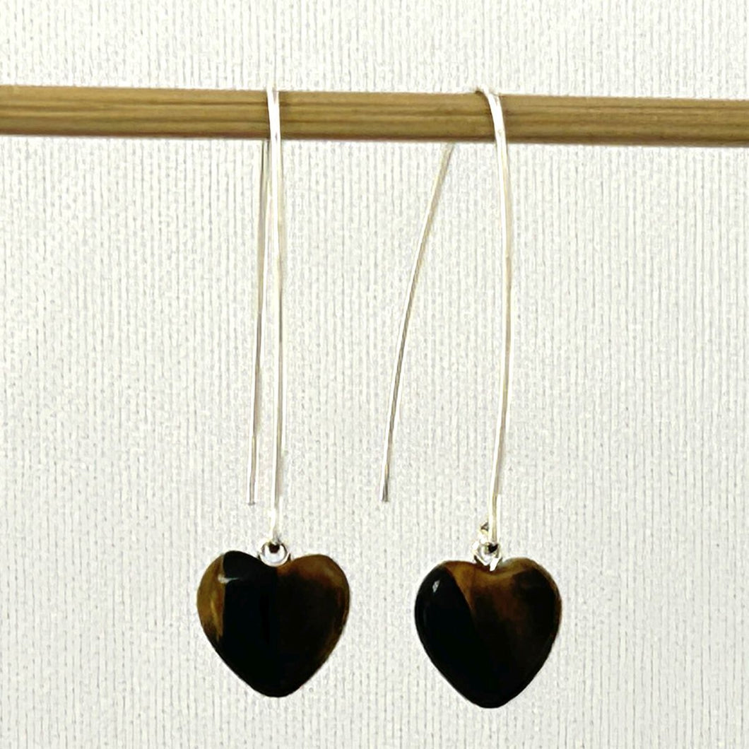 Sterling Silver Tiger Eye Heart V-Shaped Wire Dangle Earrings