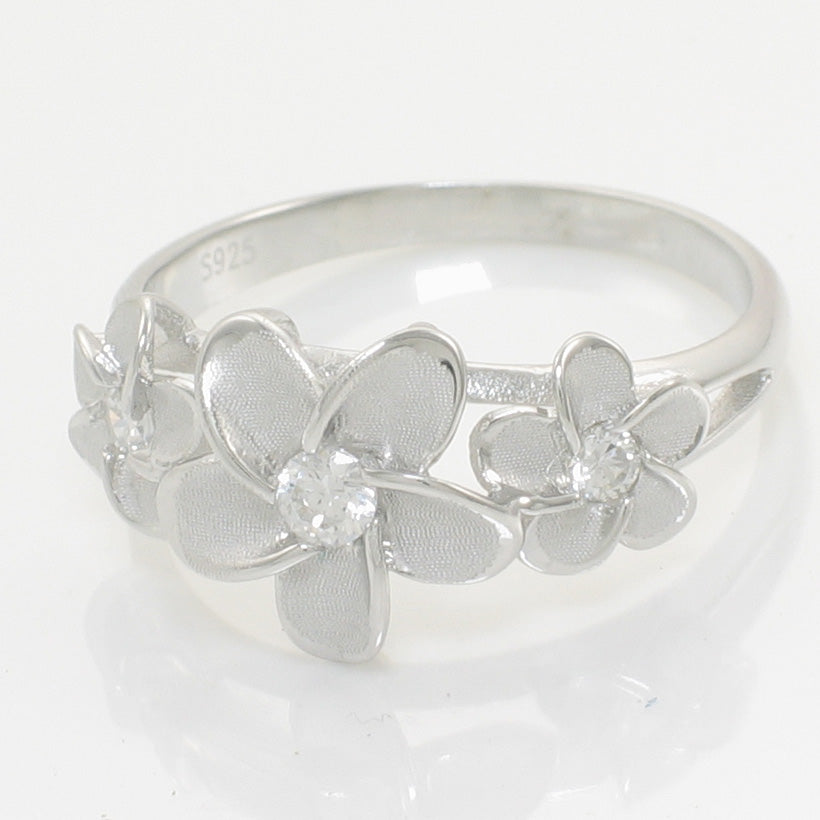 Sterling Silver Triple Plumeria Ring with Cubic Zirconia