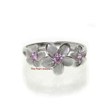 Load image into Gallery viewer, Sterling Silver Triple Plumeria Ring with Pink Cubic Zirconia