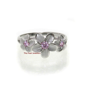 Sterling Silver Triple Plumeria Ring with Pink Cubic Zirconia