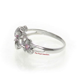 Sterling Silver Triple Plumeria Ring with Pink Cubic Zirconia