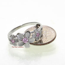 Load image into Gallery viewer, Sterling Silver Triple Plumeria Ring with Pink Cubic Zirconia