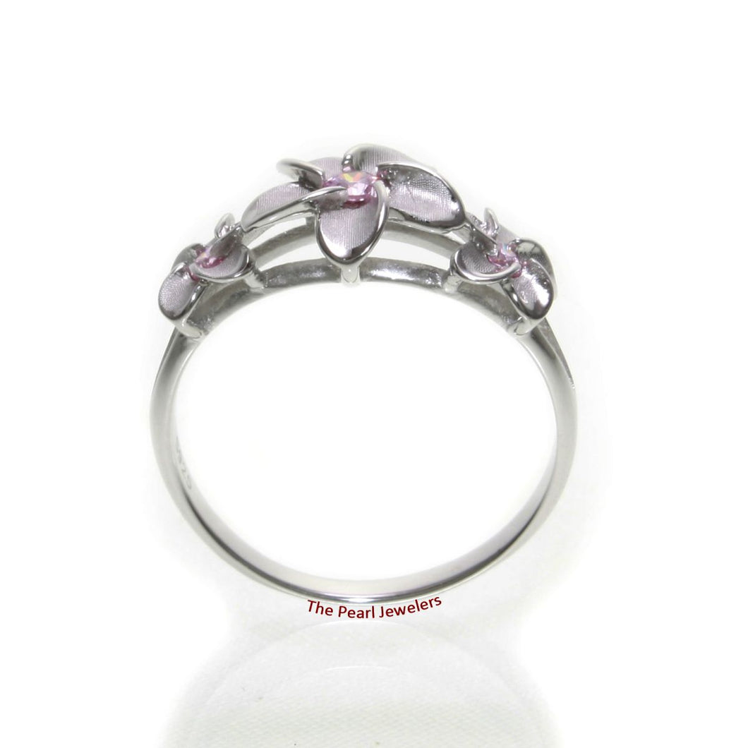 Sterling Silver Triple Plumeria Ring with Pink Cubic Zirconia