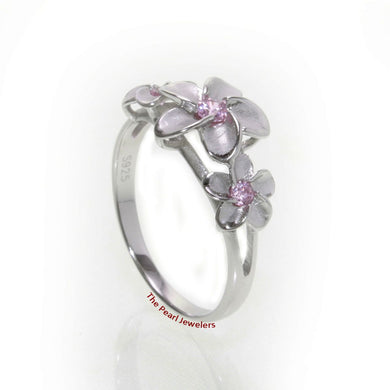 Sterling Silver Triple Plumeria Ring with Pink Cubic Zirconia