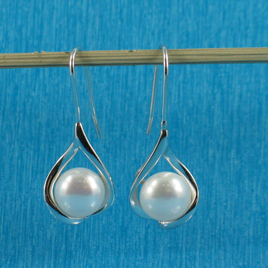 Sterling Silver Wave Hook Earrings with White Pearls