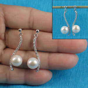 Sterling Silver White  Pearl & CZ Dangle Stud Earrings