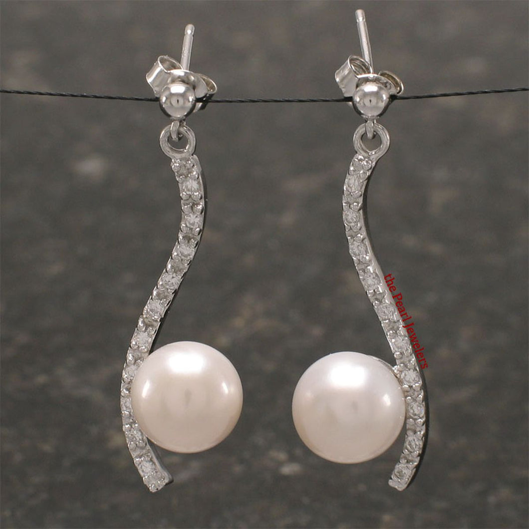 Sterling Silver Pearl & CZ Dangle Stud Earrings (White , Black , Pink )
