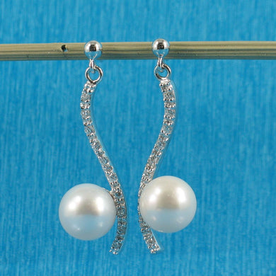 Sterling Silver White  Pearl & CZ Dangle Stud Earrings