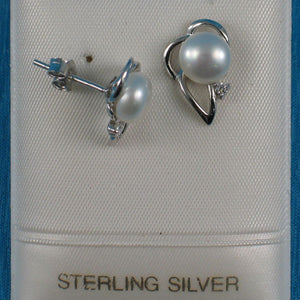 Sterling Silver White Pearl & CZ Stud Earrings