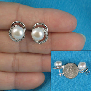 Sterling Silver 9mm White Pearl & CZ Stud Earrings