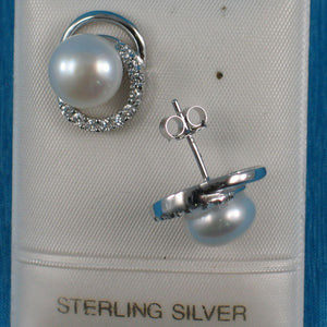 Sterling Silver 9mm White Pearl & CZ Stud Earrings