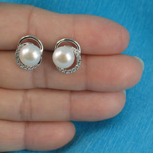 Load image into Gallery viewer, Sterling Silver 9mm White Pearl &amp; CZ Stud Earrings