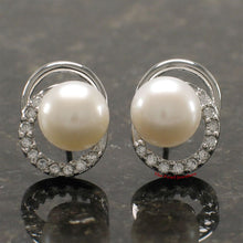 Load image into Gallery viewer, Sterling Silver 9mm White Pearl &amp; CZ Stud Earrings