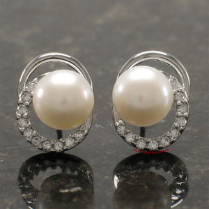 Sterling Silver 9mm White Pearl & CZ Stud Earrings
