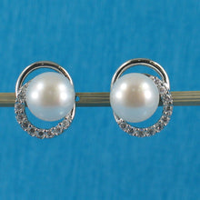 Load image into Gallery viewer, Sterling Silver 9mm White Pearl &amp; CZ Stud Earrings