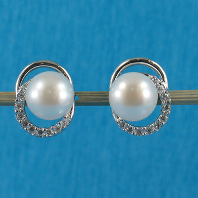 Sterling Silver 9mm White Pearl & CZ Stud Earrings