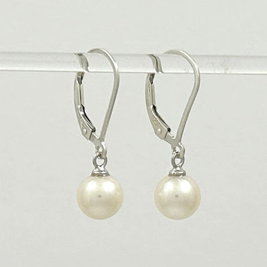 Sterling Silver 7–7.5mm White Pearl Leverback Dangle Earrings
