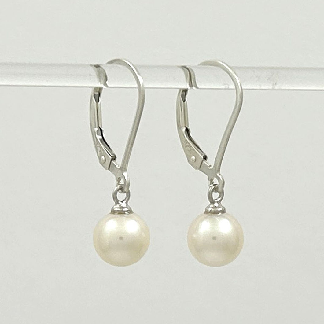 Sterling Silver 7–7.5mm White Pearl Leverback Dangle Earrings
