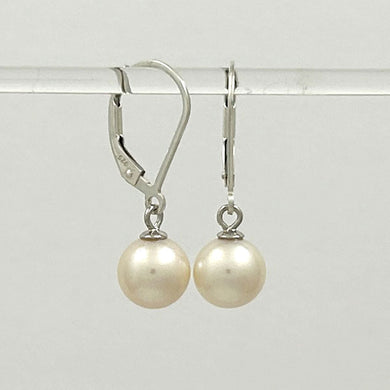 Sterling Silver 8–8.5mm White Pearl Leverback Dangle Earrings