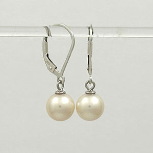 Sterling Silver 8–8.5mm White Pearl Leverback Dangle Earrings