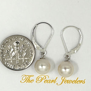 Sterling Silver 8–8.5mm White Pearl Leverback Dangle Earrings
