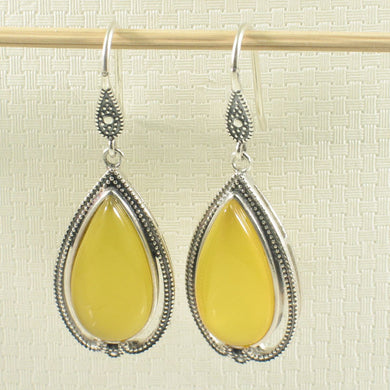Sterling Silver Yellow Agate Pear Cabochon Hook Earrings