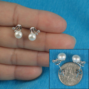 Sterling Silver White Pearl & 4 CZ Stud Earrings