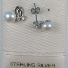 Load image into Gallery viewer, Sterling Silver White Pearl &amp; 4 CZ Stud Earrings