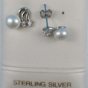 Sterling Silver White Pearl & 4 CZ Stud Earrings