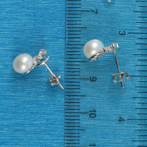 Sterling Silver White Pearl & 4 CZ Stud Earrings