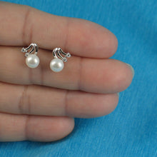 Load image into Gallery viewer, Sterling Silver White Pearl &amp; 4 CZ Stud Earrings