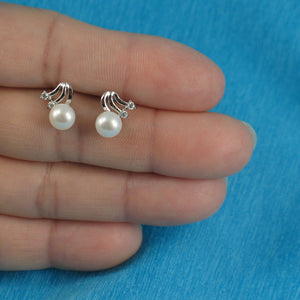 Sterling Silver White Pearl & 4 CZ Stud Earrings