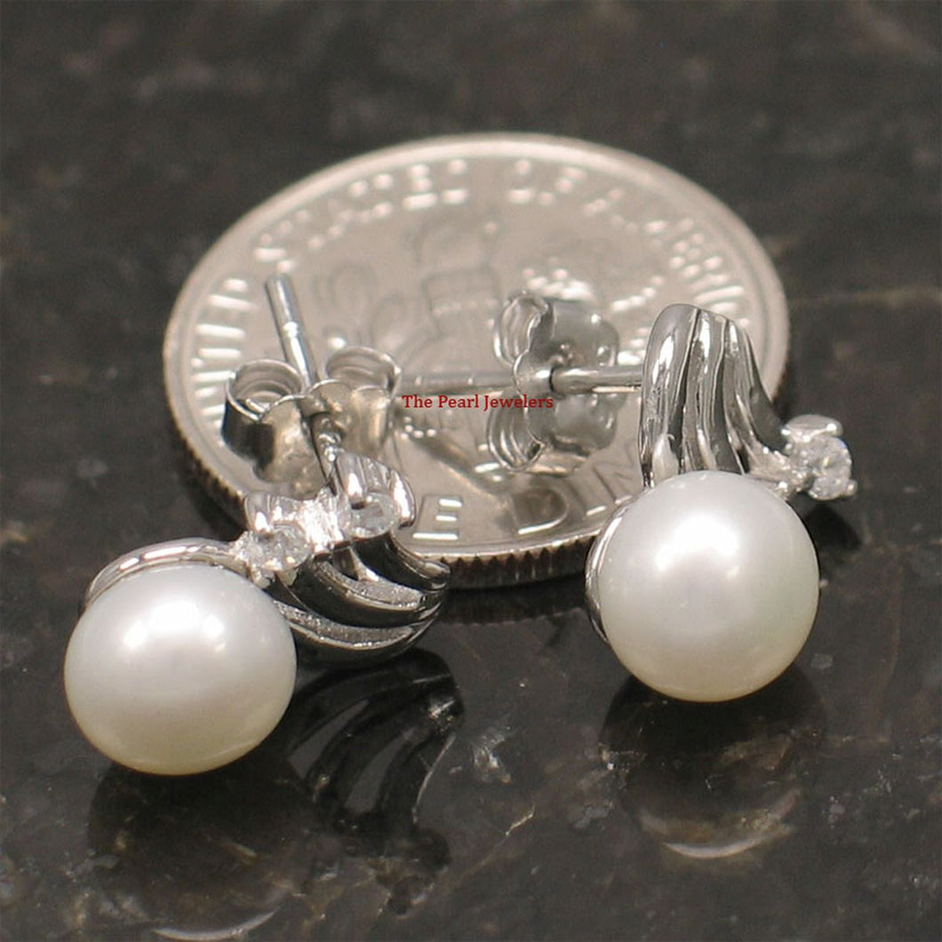 Sterling Silver Pearl & 4 CZ Stud Earrings (White, Black, Pink)
