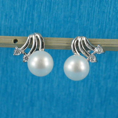 Sterling Silver White Pearl & 4 CZ Stud Earrings
