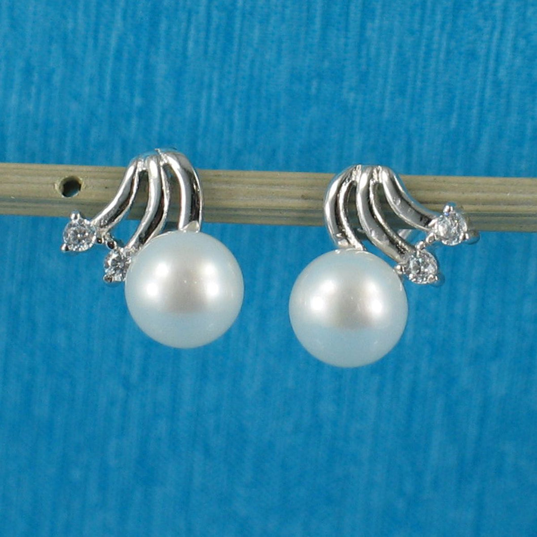 Sterling Silver White Pearl & 4 CZ Stud Earrings