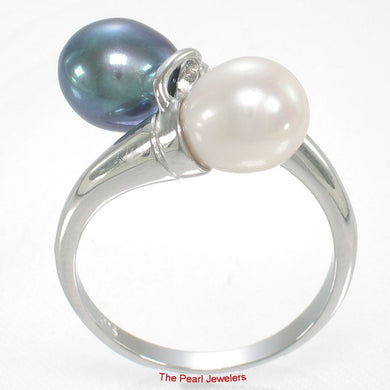 Solid Sterling Silver .925 Twin White & Black-Blue Freshwater Pearl Cocktail Ring