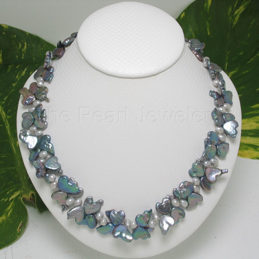 Peacock Heart Coin & White Rice Pearl Necklace with Toggle Clasp