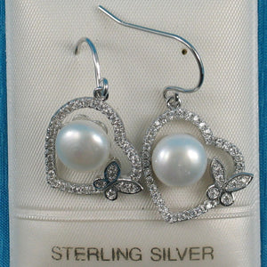 Sterling Silver White Pearl CZ Butterfly Heart Earrings