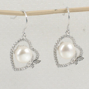 Sterling Silver White Pearl CZ Butterfly Heart Earrings