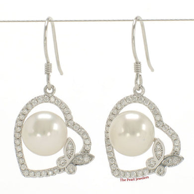 Sterling Silver White Pearl CZ Butterfly Heart Earrings