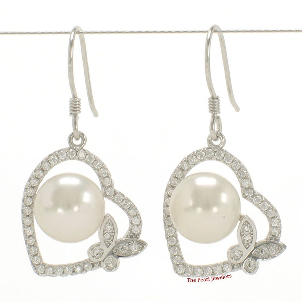 Sterling Silver White Pearl CZ Butterfly Heart Earrings