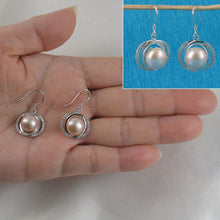 Load image into Gallery viewer, Sterling Silver Pink Pearl CZ Hook Earrings (58 CZ, Wide Design)