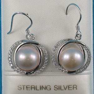 Sterling Silver Pink Pearl CZ Hook Earrings (58 CZ, Wide Design)