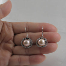 Load image into Gallery viewer, Sterling Silver Pink Pearl CZ Hook Earrings (58 CZ, Wide Design)