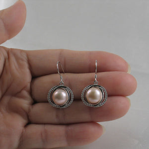 Sterling Silver Pink Pearl CZ Hook Earrings (58 CZ, Wide Design)