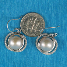 Load image into Gallery viewer, Sterling Silver Pink Pearl CZ Hook Earrings (58 CZ, Wide Design)