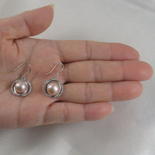 Load image into Gallery viewer, Sterling Silver Pink Pearl CZ Hook Earrings (58 CZ, Wide Design)