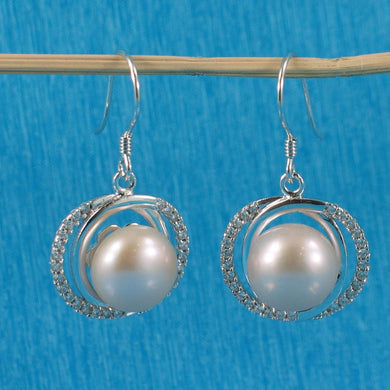 Sterling Silver Pink Pearl CZ Hook Earrings (58 CZ, Wide Design)