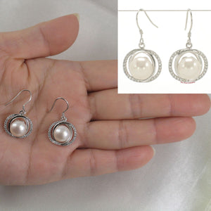 Sterling Silver White Pearl CZ Hook Earrings (58 CZ, Wide Design)