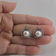 Load image into Gallery viewer, Sterling Silver White Pearl CZ Hook Earrings (58 CZ, Wide Design)